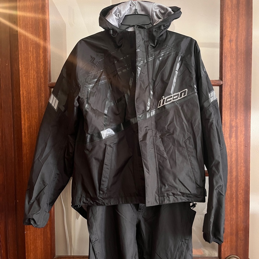 SOLD ICON Black Waterproof Motorcycle Rainsuit